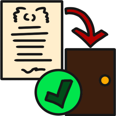 a one-page paper document, a red arrow pointing from it to the door. in front of the door is a green sermon with a dark green checkmark.